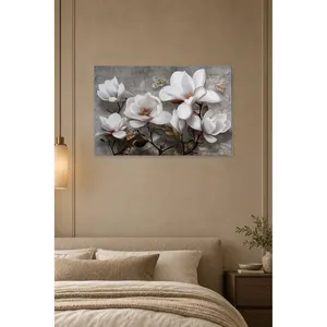 Impression sur toile de magnolias et papillons blancs sur fond gris de Fida - Product Image 5