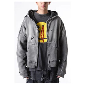 OEM diseño personalizado elegante rasgado desgastado recortado Zip up Hoodie para los hombres de gran tamaño lavado ácido Streetwear sudaderas con capucha de algodón - Product Image 2