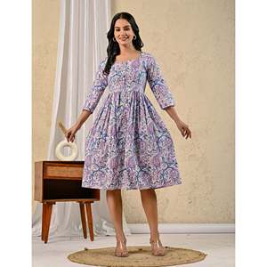 Robe en coton imprimée à la main Jaal blanc et violet, col carré, élégante, décontractée, boutons sur le devant, respirante, naturelle, 5XL pour la journée - Product Image 6