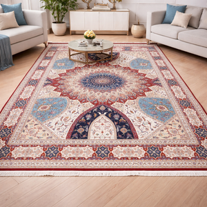 Alfombra Persa Hecha a Mano de Lana/Seda, Ecológica, Antideslizante, con Patrón Geométrico de Rayas, Rectangular, para Sala de Estar - Product Image 1