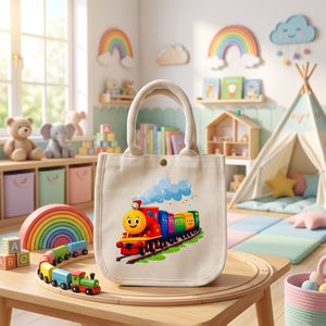 Bolsa de lona para niños con diseño de tren colorido, reutilizable para juguetes y libros - Product Image 6