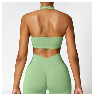 Conjunto de mallas de yoga rosas sin costuras de cintura alta y Sujetador deportivo para mujer elástico gimnasio entrenamiento Fitness Activewear con logotipo frontal - Product Image 3