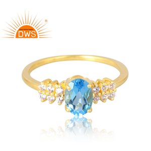 แหวนพลอย925ชุบทอง18K ชุบทอง18K แหวนพลอยบุษราคัมสีฟ้าเพชรสังเคราะห์จากธรรมชาติ - Product Image 3