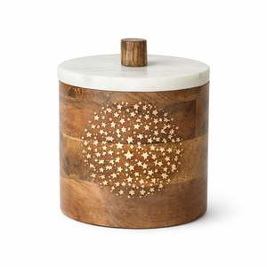 Nouveauté : Boîte de rangement en bois avec couvercle floral artistique, conteneur rond en bois avec dessus en marbre pour la décoration intérieure - Product Image 2