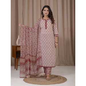 Conjunto de Kurta y Pantalón de Algodón con Estampado a Mano en Blanco y Rojo, con Mangas Tres Cuartos para Uso Diario - Product Image 6