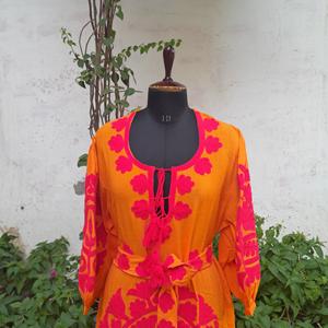 Ecológico de algodón bordado tela vestido cinturón lazo cintura ajuste suelto, manga larga Maxi Dess Casual fiesta mujer ropa - Product Image 2