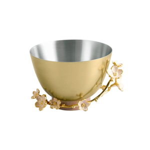 Bol de service en métal artisanal élégant avec motif de fleurs de cerisier, bol à fruits décoratif plaqué or sur base en marbre pour la maison - Product Image 1