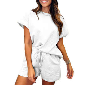 Ohsisa 2025 Summer Women's <b>Set</b> Casual Fashionable Solid Color Round Neck Texture <b>Short</b> Sleeve <b>Top</b>+<b>Shorts</b> Women's <b>Set</b> - Product Image 4