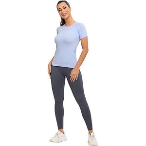 Camiseta corta para mujer, cuello en V, acanalada, de algodón y spandex elástico, informal, para gimnasio, yoga, ropa deportiva, top de verano - Product Image 4