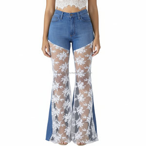 Vaqueros acampanados de cintura alta para mujer con encaje y paneles transparentes, pantalones de mezclilla de moda con parte inferior acampanada - Product Image 1