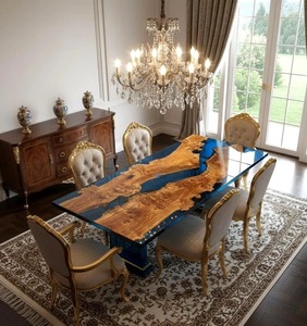Table à manger en bois de haute qualité avec design en résine époxy rivière, plateau personnalisé en résine bleue, bureau fait à la main pour le bureau - Product Image 2