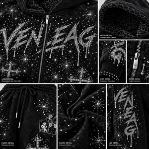 VENLEAG Men's Clothing OEM/ODM Custom <strong>Hoodie</strong> 430 Grams Black Rhinestone Sweatshirt 100% Cotton Hoodies Streetwear - Product Image 5