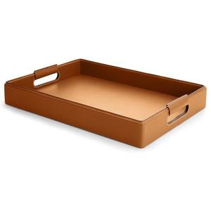 Plateau en cuir écologique Plateau naturel de luxe en gros avec poignée en bois de noyer Plateaux de service tissés - Product Image 1