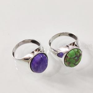 Bague pour homme en argent sterling 925, design simple, avec pierres précieuses naturelles (turquoise verte, charoïte), pierre de naissance, bijoux d'exportation - Product Image 4