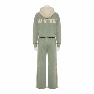 Custom <b>Women</b> Sage Green Acid Wash Cropped Hoodie Wide Leg <b>Jogger</b> Set Cotton <b>Fleece</b> Streetwear Tracksuit OEM - Product Image 3