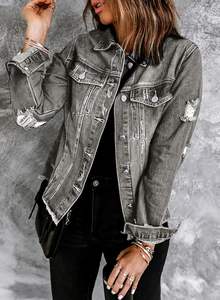 Chaqueta vaquera de algodón crudo para mujer, ropa de abrigo informal transpirable de lavado medio para múltiples trajes - Product Image 2