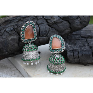 Grandes boucles d'oreilles jhumka en forme de pierre en laiton imitation argent, artisanales, traditionnelles, pour filles et femmes - Product Image 3