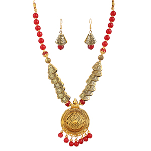 Samosa Redonda de Estilo Étnico con Cuentas Rojas Oxidadas y Patrón de Puntos para Bodas - Product Image 3