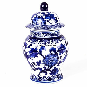 โถขิงเคลือบสีขาวและน้ำเงินเซรามิกอะลูมิเนียมโลหะพร้อมฝาปิดสำหรับตกแต่ง - Product Image 1