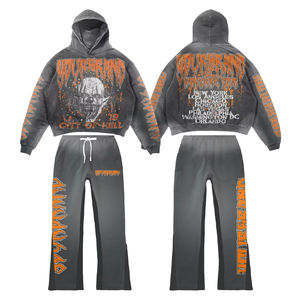 Conjunto de chándal holgado con estampado personalizado, conjunto de pantalones de chándal y sudadera con capucha y lavado ácido desgastado GSM, chándales personalizados, pantalón acampanado - Product Image 5