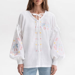 Chemise en coton brodée à la main décontractée pour femmes, popeline tissée avec demi-manches pour le printemps, l'été, l'automne, l'hiver, vêtements ethniques - Product Image 1