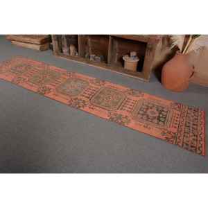 Alfombra de área grande de lana turca Vintage auténtica, 23x10,6 pies, diseño de retazos rosa y verde para sala de estar, pasillo, tejido de látex - Product Image 3