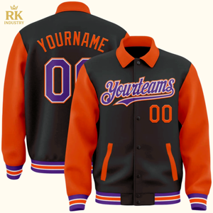 Prix d'usine, blousons d'aviateur pour hommes, vestes universitaires à snap intégral, veste Byron à col à revers bicolore Letterman - Product Image 1