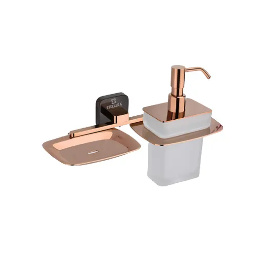Newly Arrival Brass Metal Made Soap Dish With Liquid Soap Dispenser with Rose Gold Plated For Bathroom Decoration