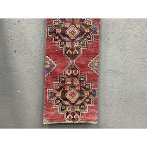 1.5x3.2 ft Vintage Rug, Turkish Rug, <b>Red</b> Bordered <b>Wool</b> Rug - Product Image 1