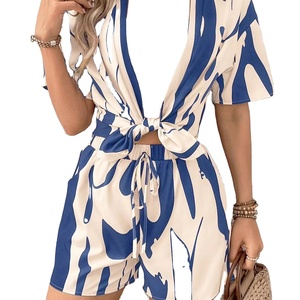 Ensembles pour femmes en coton biologique imprimé par sublimation de haute qualité, vente en gros de 2 pièces, ensemble de chemises shorts surdimensionnées personnalisées pour femmes - Product Image 1