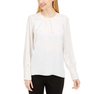Camicia Lunga Formale da Donna Calvin Klein con Ricamo Floreale, Decorazione in Pizzo, Collo Alto, in Popeline e Chiffon, Disponibile in Bianco XL - Product Image 1