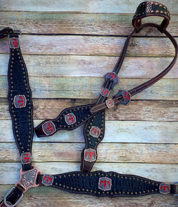 Kaamkaaj Genuine Leather Western Saddle Horse Tack <b>Set</b> for Riding Metal Components Buckle Closure <b>Beaded</b> Headstall Breast Collar - Product Image 4