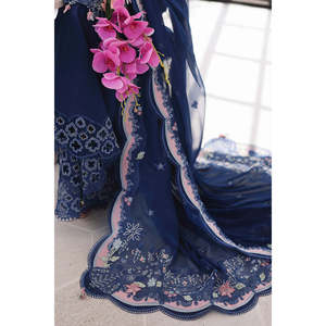 QALAMQAR 3PC Chikan Embroidered Chiffon <b>Top</b> Dupatta & Trousers-Khaadi <b>Net</b> Embroidered for Spring/Summer Model No. 4758 - Product Image 5