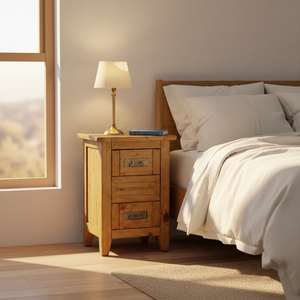 Table d'appoint moderne avec 2 tiroirs, couleur naturelle, bois d'hévéa, MDF, meubles de salon et de salle à manger - Product Image 6