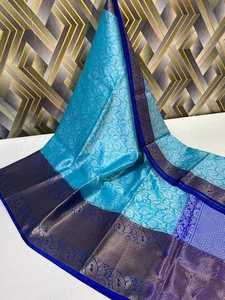 Saris de Seda Brocada Hechos a Medida en Color Azul, Hechos con Telas de Seda Pura, Ideales para Revendedores de Telas para Saris - Product Image 4