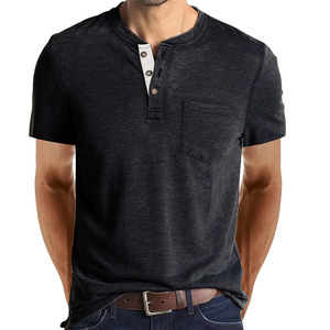2023 nuevas camisetas de verano con cuello Henley para hombre, camisetas informales de manga corta para hombre, Camiseta de algodón sólido a la moda para hombre - Product Image 4