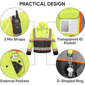 Two Tone Safety <b>Jacket</b> Yellow Cut Resistant EN Class 1 Vapor-Protective Cotton Fleece Hi-vis <b>Reflective</b> LED Flash Work Clothing - Product Image 2