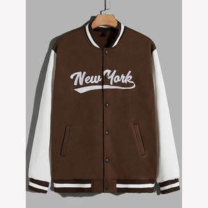 Chaqueta Universitaria para Hombre, Color Marrón Sólido, 100% Lana, Manga de Cuero, Cuello Alto, Botones, Chaquetas Varsity para Hombre, Venta al Por Mayor - Product Image 1