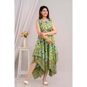 Robe longue élégante Chartreuse à imprimé floral, sans manches, ourlet asymétrique, taille naturelle, respirante et écoresponsable, idéale pour les sorties en club - Product Image 1