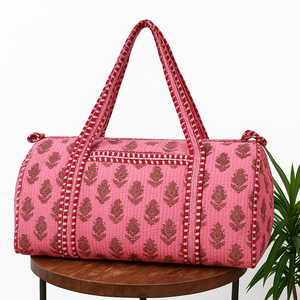 Handmade Luxury Durable Quilted Cotton Duffle <b>Bag</b> with Blockprinted Paisley Design Detachable Belt for <b>Yoga</b>/Gym Use - Product Image 1