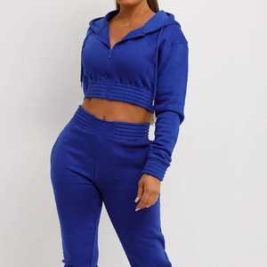 2024 femmes haute qualité solide 2 pièces ensemble personnalisé survêtement survêtement sweat zippé à capuche survêtement 100% coton polaire - Product Image 4