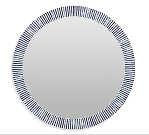Miroir mural rond en os avec cadre rayé bleu, design Art Déco, épaisseur 10 mm, décoratif pour salon, chambre, salle de bain, mariage - Product Image 1