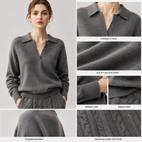 Pull en laine gris uni pour femme, col polo, col en V, épaules tombantes, manches longues, doux et ample