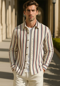 Cream <b>Corduroy</b> Striped Long Sleeve Overshirt Contrast Burgundy Navy Stripe Casual <b>Shirt</b> Jacket - Product Image 2