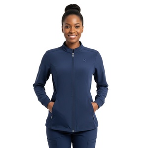 Womens Medical Work Scrub Jacket Lightweight Stretch Fit Soft Fabric Front Zipper Practical Professional <b>Pocket</b> Style Uniform - Product Image 5