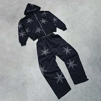 Street Hip Hop Style Men's Loose Zipper up Shining Stars Pattern Chándales Venta al por mayor Primavera Otoño Casual Sudadera con capucha y pantalones conjunto
