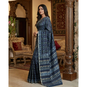 Sari ethnique Chanderi imprimé, coupe droite, avec chemisier en tissu chiffon - Product Image 2