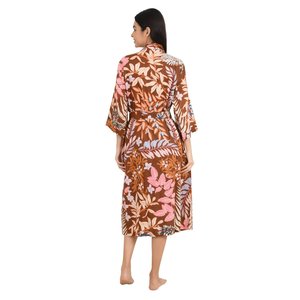 Boho-Kimono Style Casual Homewear Hand-Printed Indian Leaf-Flower Pattern Soft Cotton Woven Button Closure - Product Image 3