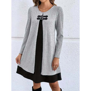 Conjunto de Dos Piezas de Vestido Midi de Viscosa con Cintura Ajustada y Manga Larga para Mujer de Jane's, Atuendo Informal para Uso Diario - Product Image 1