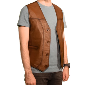 Gilet en cuir PU de haute qualité pour hommes, vêtements d'hiver respirants avec fermeture éclair, style décontracté, motif solide avec logo à l'avant, au prix de gros - Product Image 3